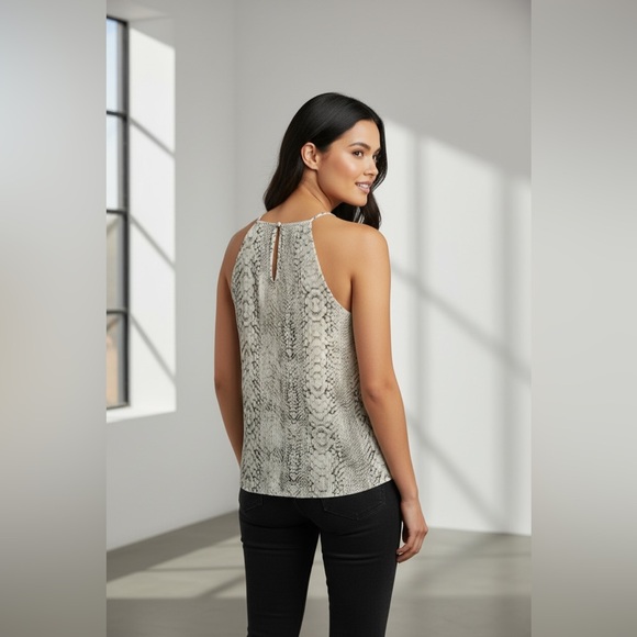 PYTHON CHIC PLISSE BLACK & CREAM SNAKE PRINT HALTER TOP - Picture 2 of 11